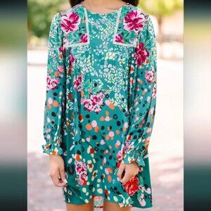 (Never Worn) UMGEE Forest Green Mixed Print Crochet Inset Boho Dress - MEDIUM